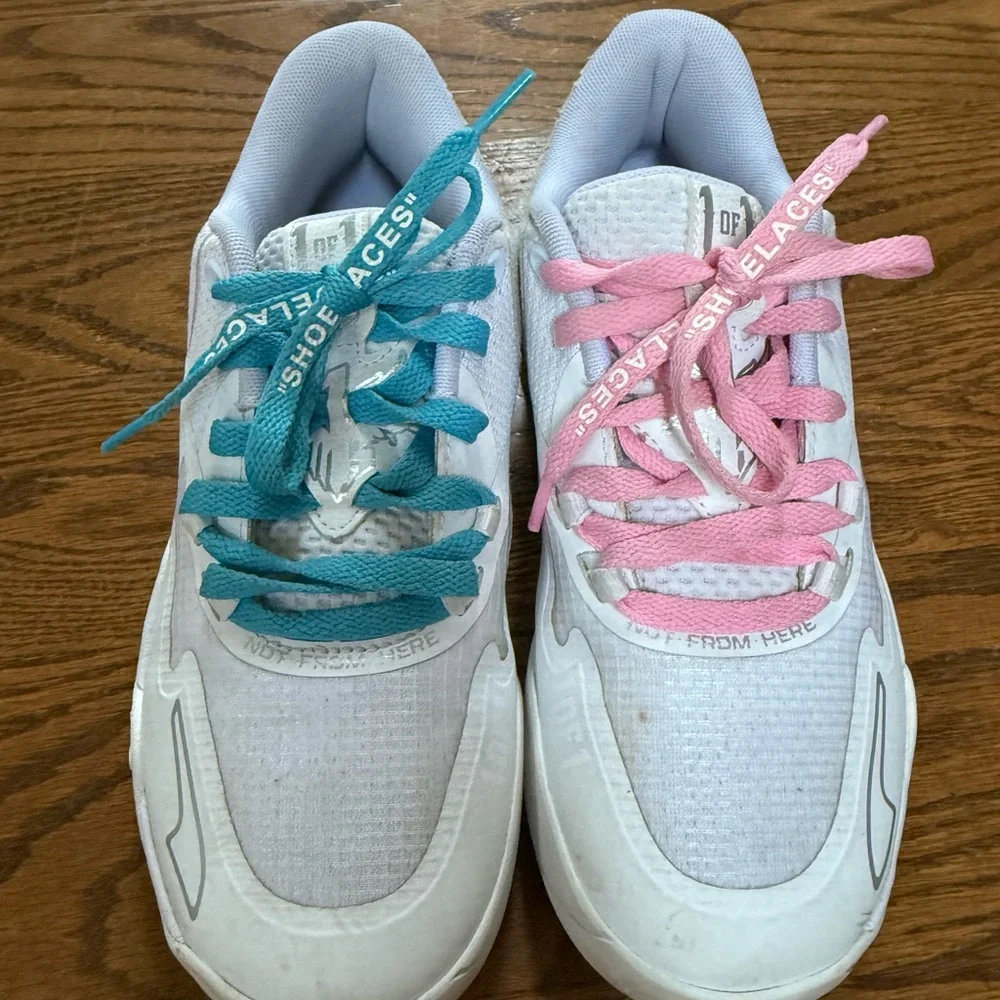 Kids' White M.E.L.O. Puma Basketball Sneakers with Pink and Teal Laces - Picture 2 of 5